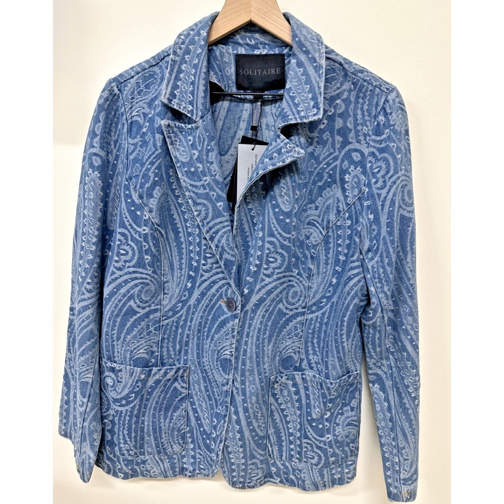 Anthropolgie Solitaire Women Size Large Denim Paisley Blazer Blue Jean Unique